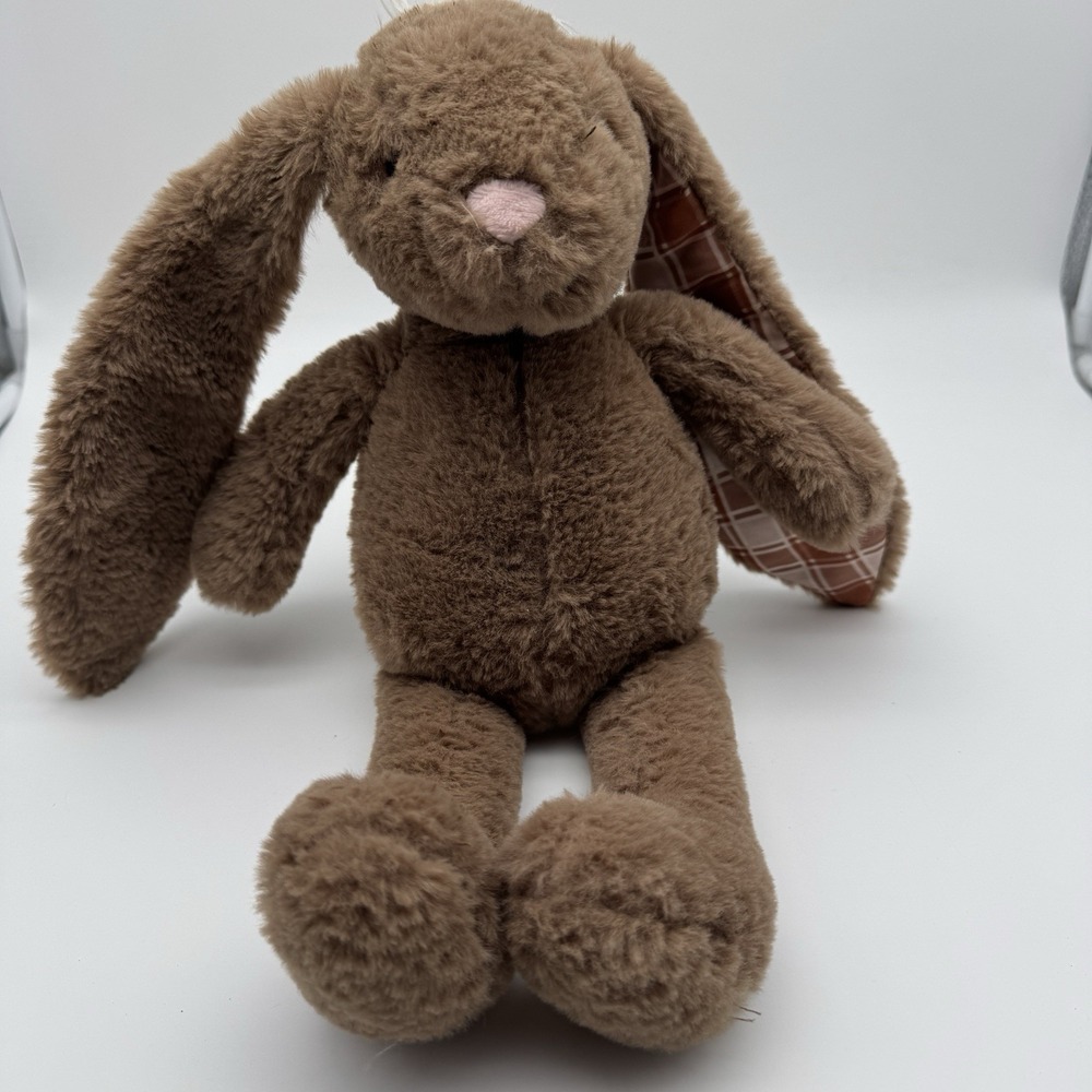 Plushible Brown Bunny Stuffed Animal Plaid Ear Soft Plush Toy 12" Cute Cozy